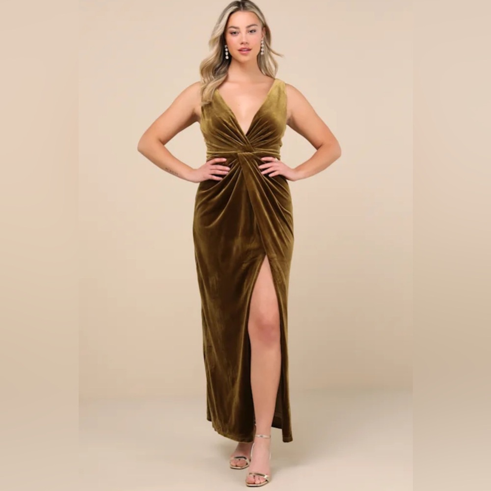 Lulus Beautiful Evenings Olive Green Velvet Twist-Front Maxi Dress